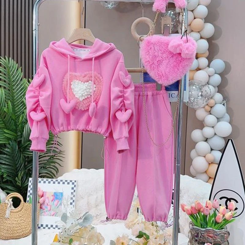 女童春秋季套装韩版儿童中大童多巴胺穿搭爱心连帽卫衣卫裤两件套