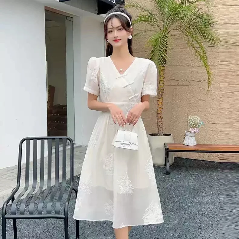 夏季新中式提花刺绣盘扣短袖连衣裙女松紧腰过膝长裙改良式A字裙
