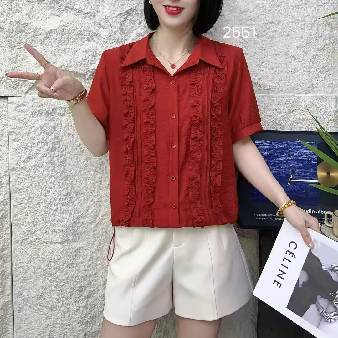 夏季新款时尚洋气翻领短袖衬衫拼接木耳边显瘦减龄休闲百搭上衣女
