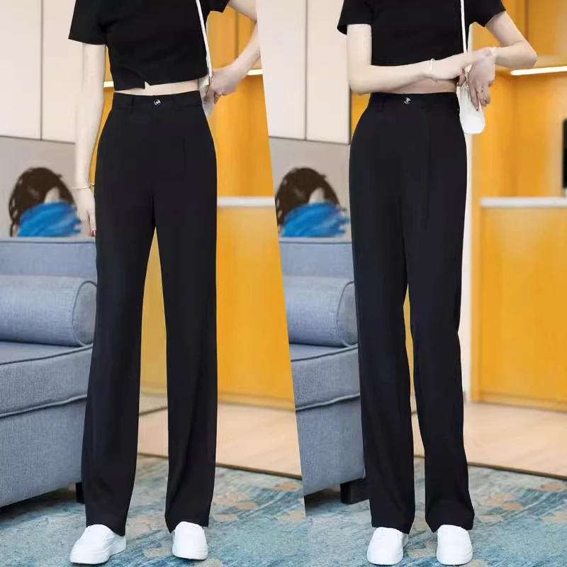 拉夏贝尔西装阔腿裤女2025新款夏季垂感直筒窄版裤子宽松显瘦爆款