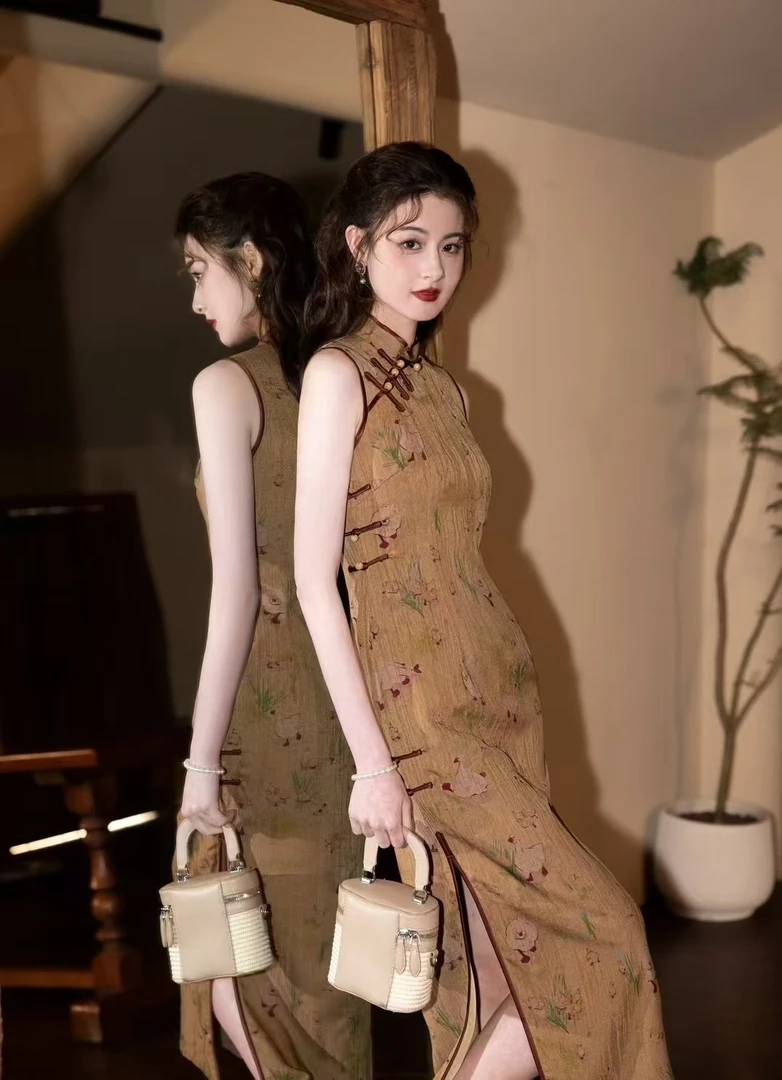 C【婉清】9267年轻款黄色新中式无袖提花缎旗袍春夏季新款日常可穿