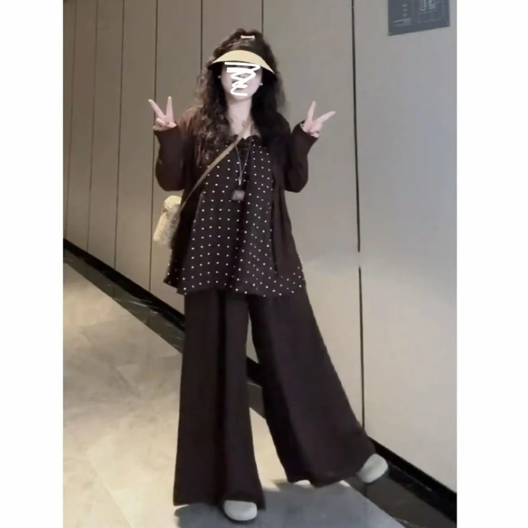 大码复古波点抹胸吊带防晒开衫显瘦阔腿裤三件套女