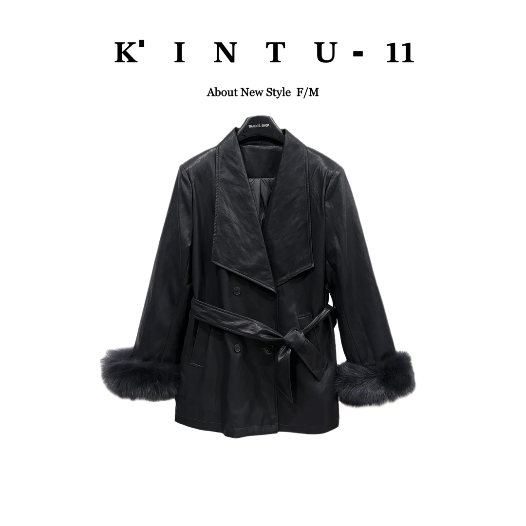 【K-11】原创设计“90%白鸭绒”毛毛袖口大版PU皮羽绒服外套25393