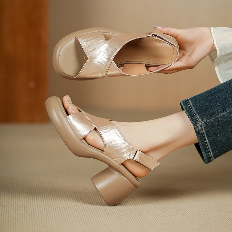 头层牛皮/7cm小个子增高显瘦厚底休闲凉鞋女舒适软底交叉时尚百搭