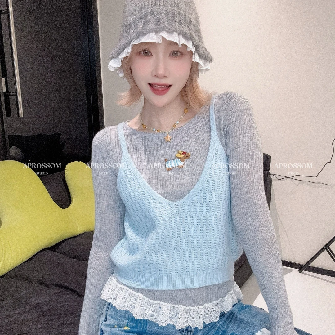 Apr.【腊肠狗】甜美温柔减龄圆领宽松百搭羊毛毛衣两件套女25ST251