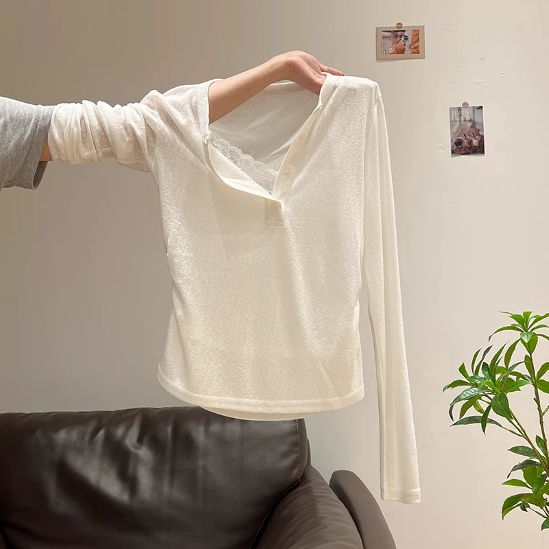 假两件雪花V领防晒罩衫蕾丝女装长袖女夏季休闲薄款微透t恤上衣