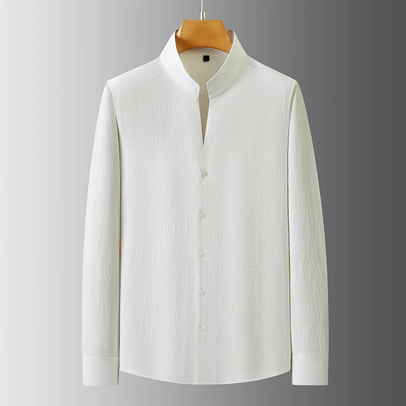 秋季男士时尚大码百搭修身纯色中国风立领休闲长袖衬衫大码男装DS
