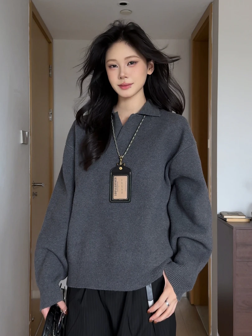 老钱风polo领针织衫大码男女秋冬季色毛衣慵懒风高级感情侣款外套