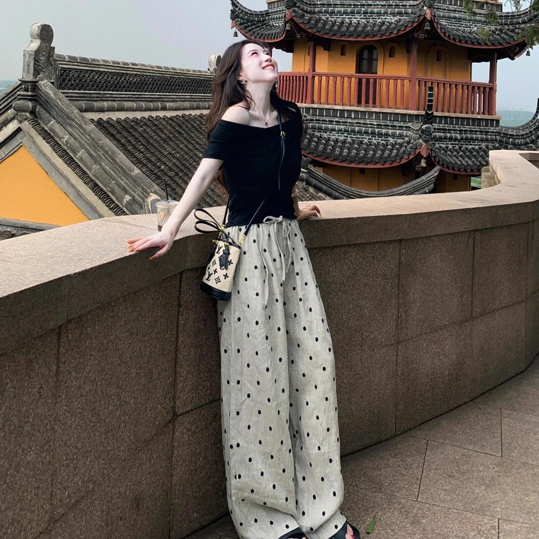 夏季穿搭一整套大尺码胖mm短袖T恤波点阔腿裤韩系慵懒风好看套装