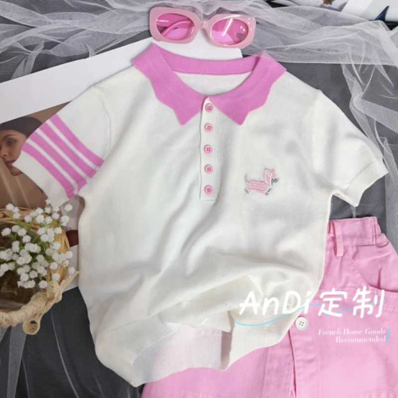 〖ANDI〗安迪订制女童中大童夏季洋气三条杠POLP领针织刺绣短袖4266