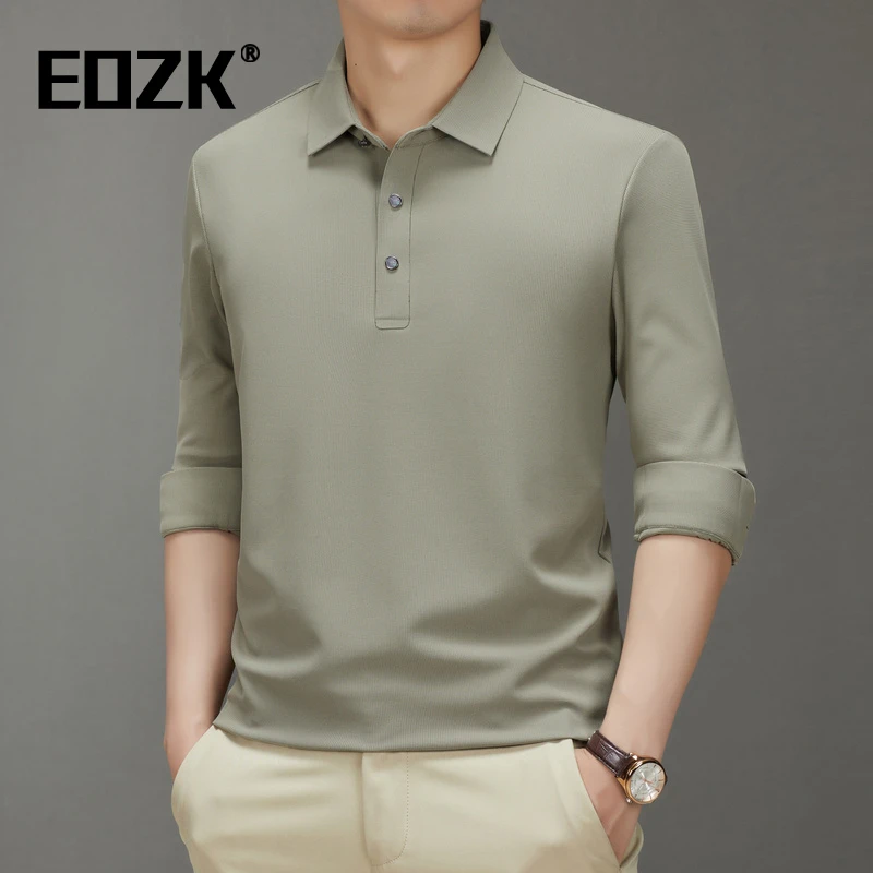 Eozk韩版时尚休闲长袖T恤男2025秋季新款纯色翻领百搭男士polo衫