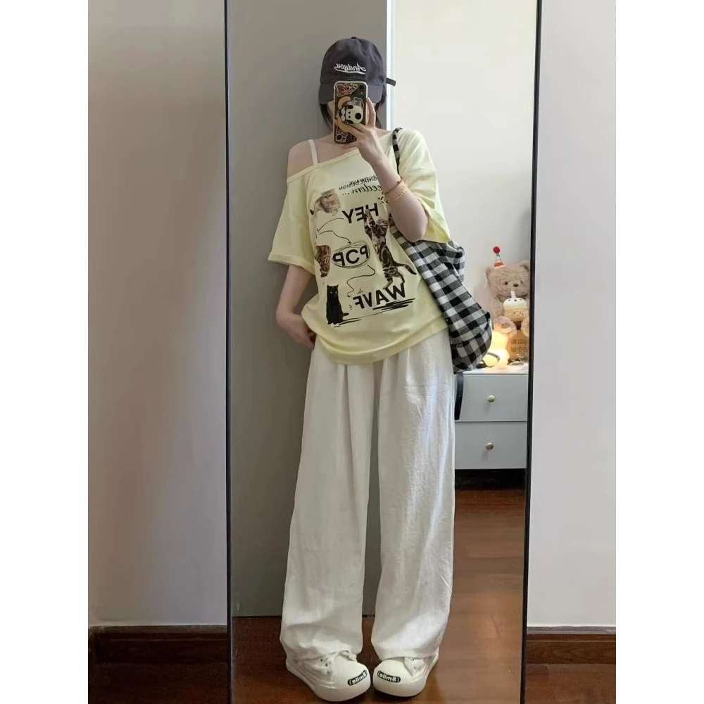 超滑爽奶黄棉冰瓷拉架纯斜肩短袖女夏季