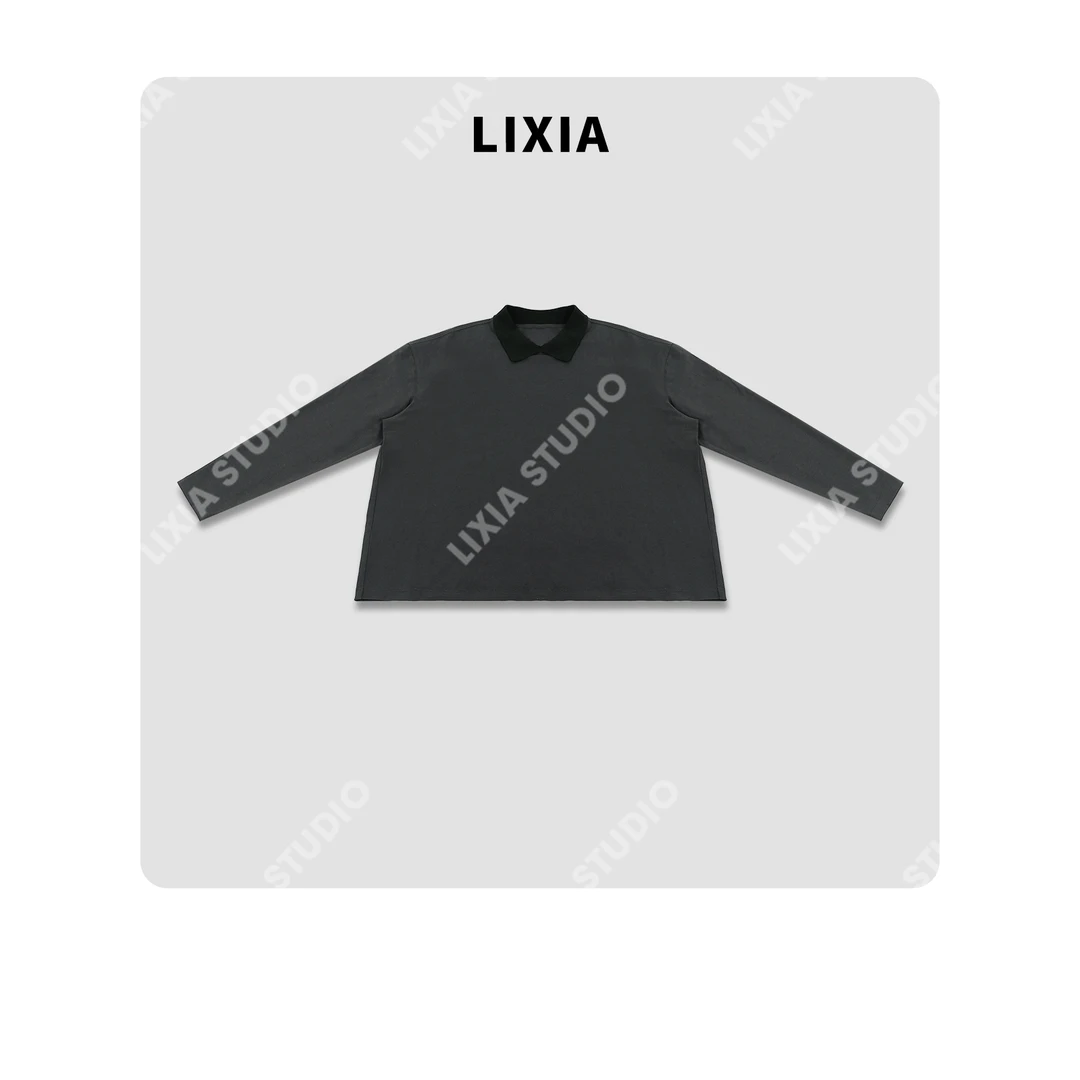 LIXIA【墨领简逸】慵懒风休闲简约通勤时髦个性拼接翻领卫衣-D9393