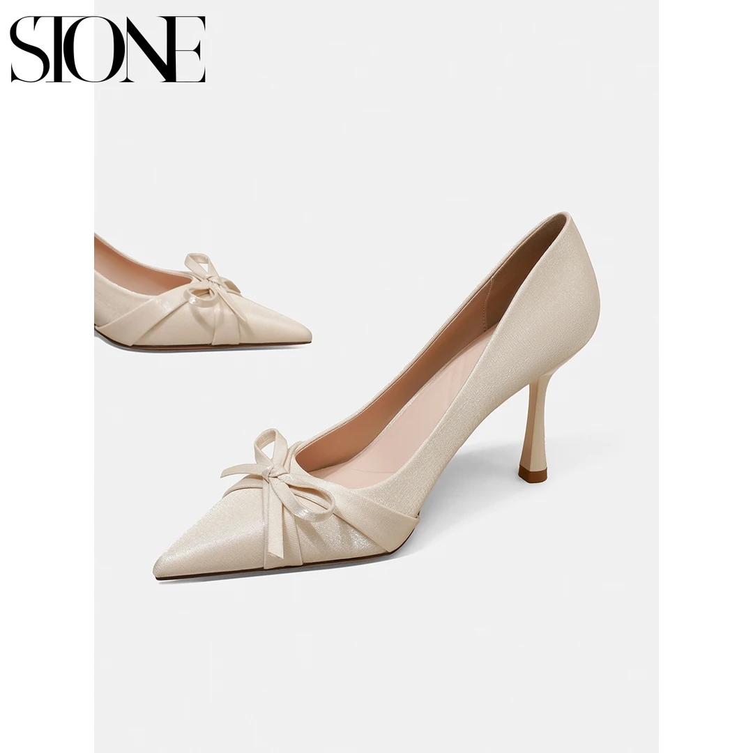 石头家绝美高跟鞋女细跟蝴蝶结新娘婚鞋法式气质宴会礼服尖头单鞋