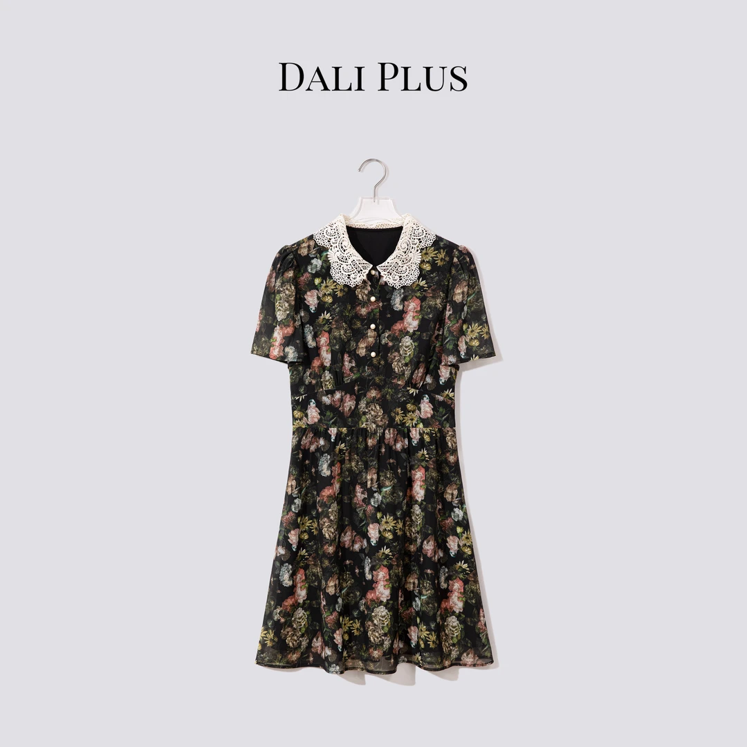DALI PLUS“油画系列”蕾丝翻领印花连衣裙-D5LT2152