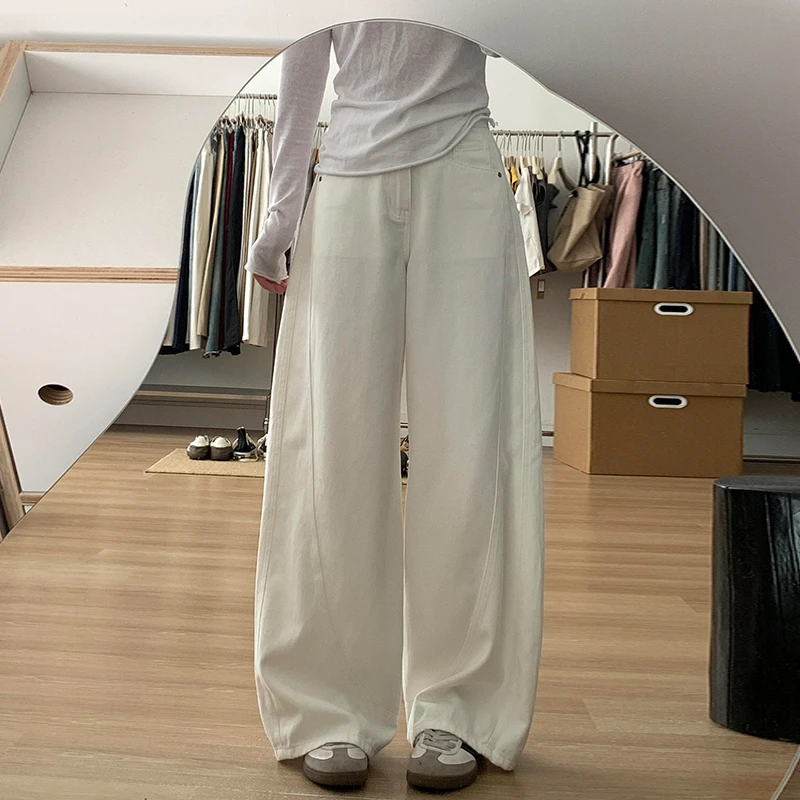 白色阔腿牛仔裤女夏季爆款2025新款高腰宽松垂感弯刀直筒裤子2513