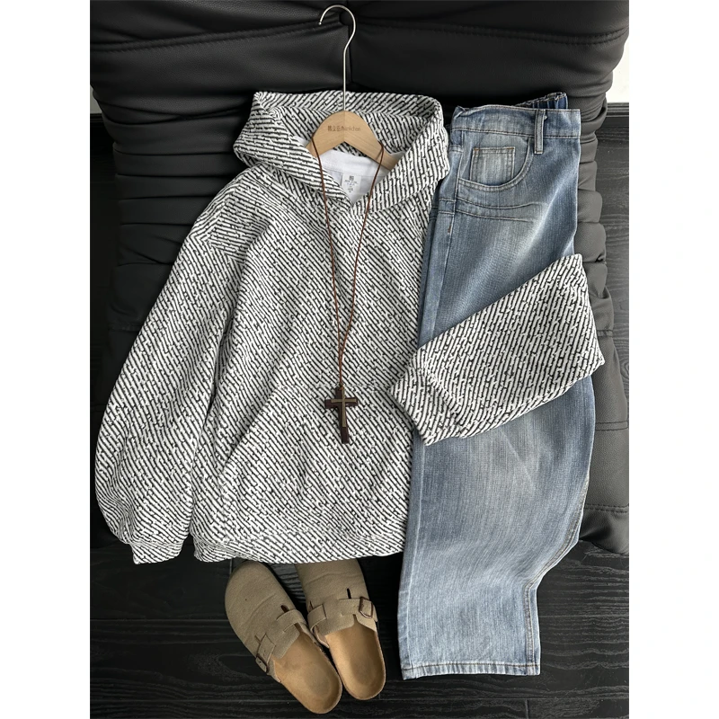 美式黑白小香风连帽卫衣男款秋冬季cleanfit外套宽松潮牌休闲上衣