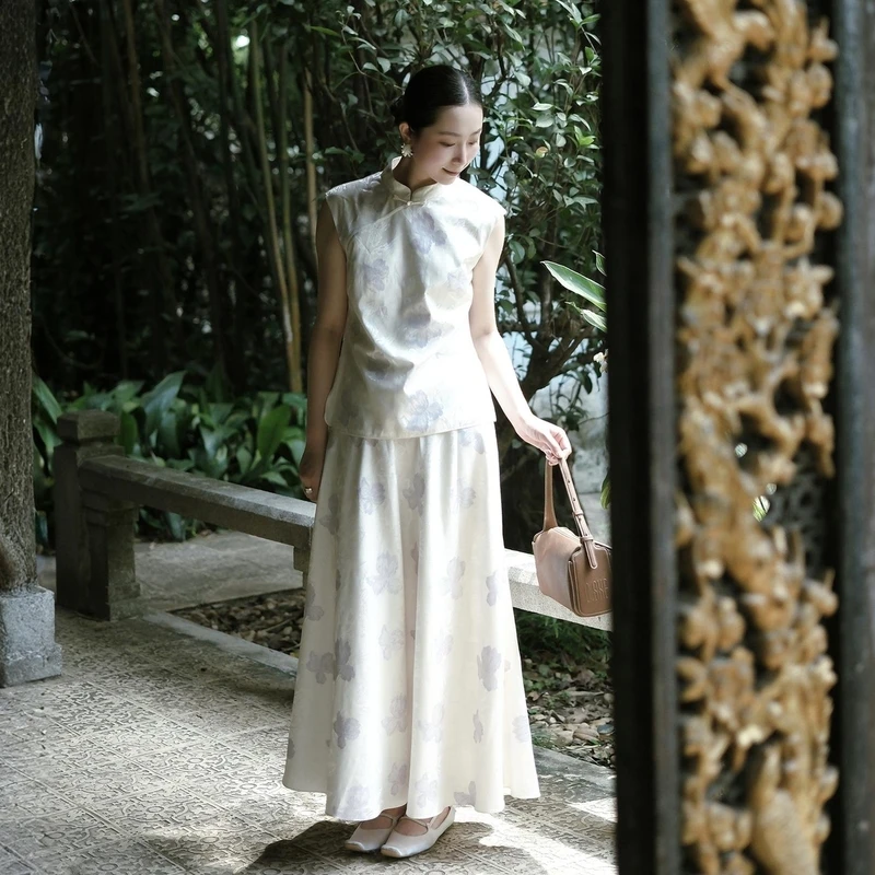 LIME/莱茵【恣意格调】夏季立裁新中式A摆半裙淡紫色LDGB5AWSK308