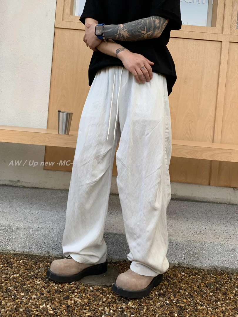 【铜氨丝针织】设计款小众美式复古松紧腰阔腿裤男宽松直筒休闲潮流