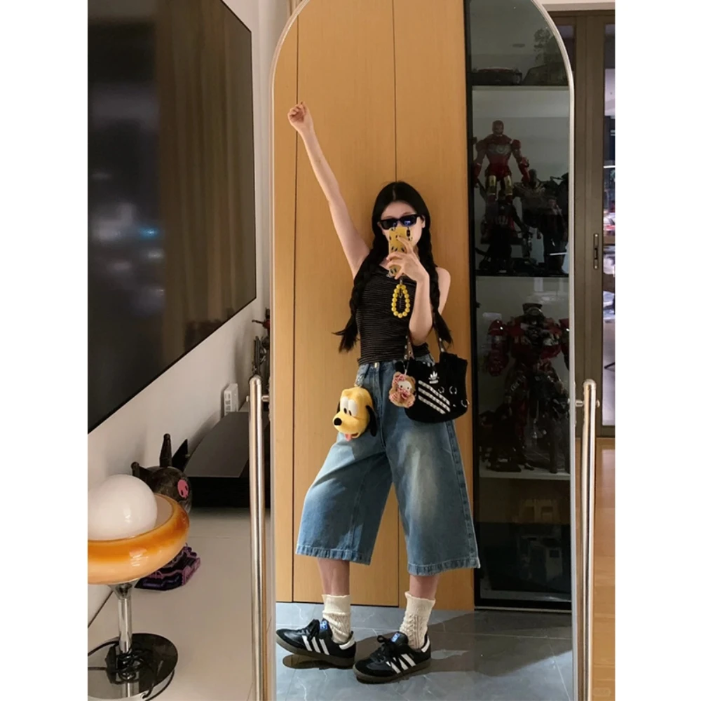 大码美式高腰水洗牛仔七分裤女2025春季复古直筒阔腿休闲宽松裤子