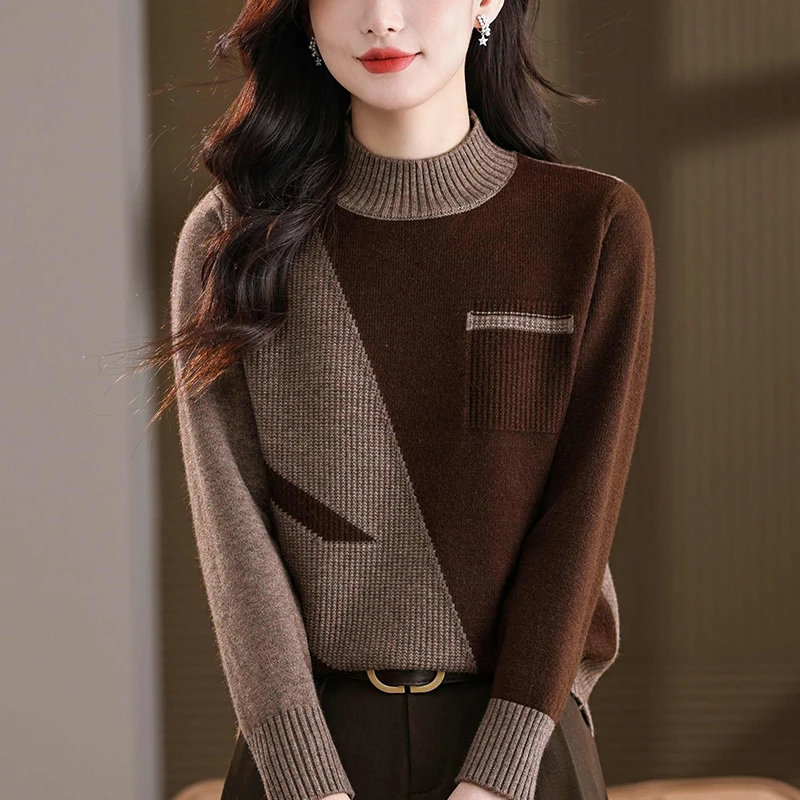 秋装时尚洋气大码针织衫女宽松遮肚子显瘦百搭秋冬半高领打底毛衣