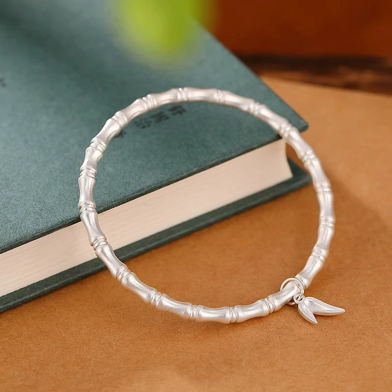 足银手镯 简约复古竹节竹叶气质手镯古法银个性百搭闭口手环