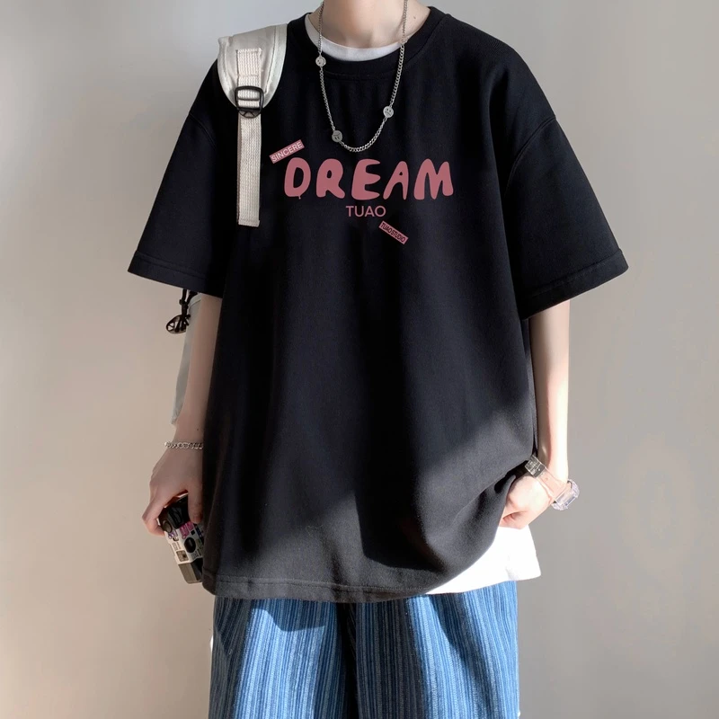 夏季新款纯棉男士T恤短袖港风潮牌ins风宽松型圆领男生感高级衣服