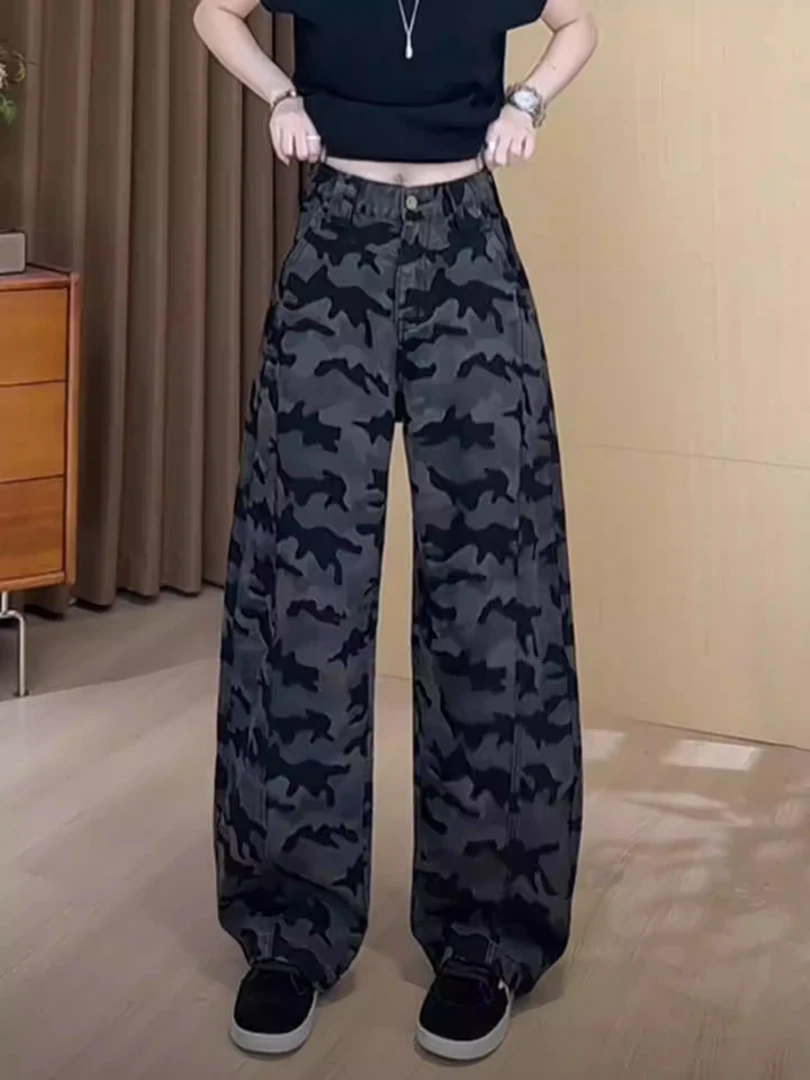 早秋2025新款大码女装复古迷彩牛仔裤梨型身材显瘦遮肉弯刀阔腿裤