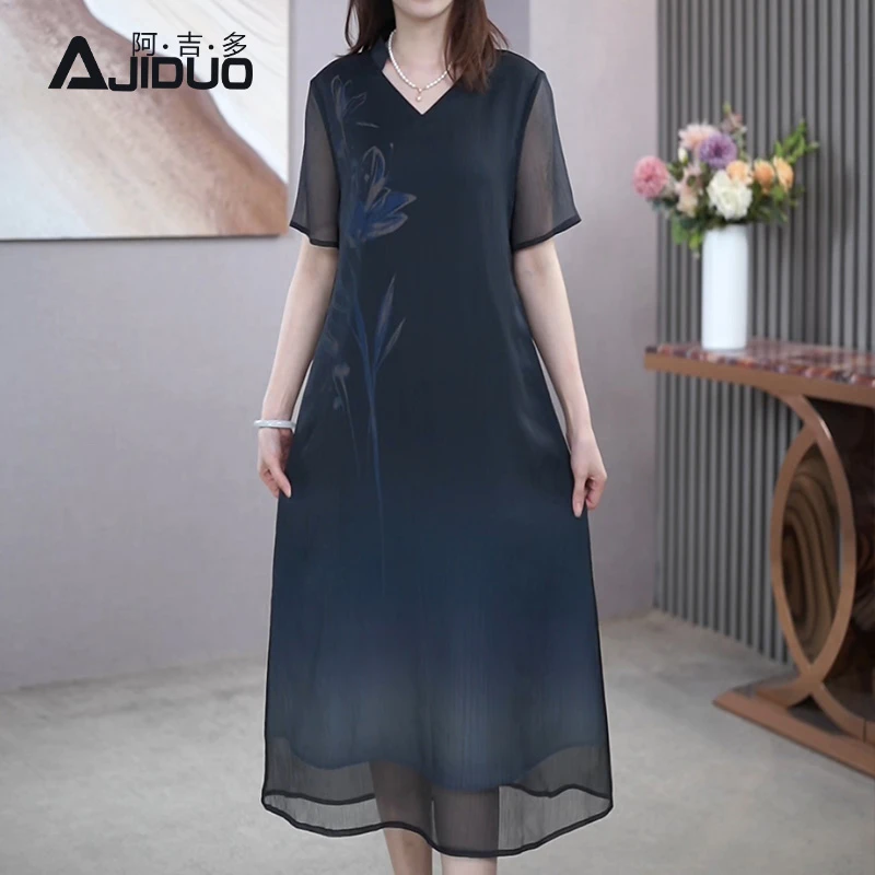 A22059阿吉多中国风印花连衣裙女夏季新款中式复古长裙大码裙子