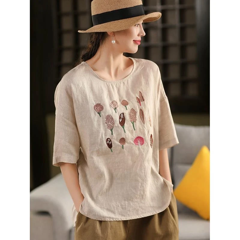 2025夏季新款复古刺绣棉麻短袖T恤女薄款宽松减龄休闲上衣套头衫