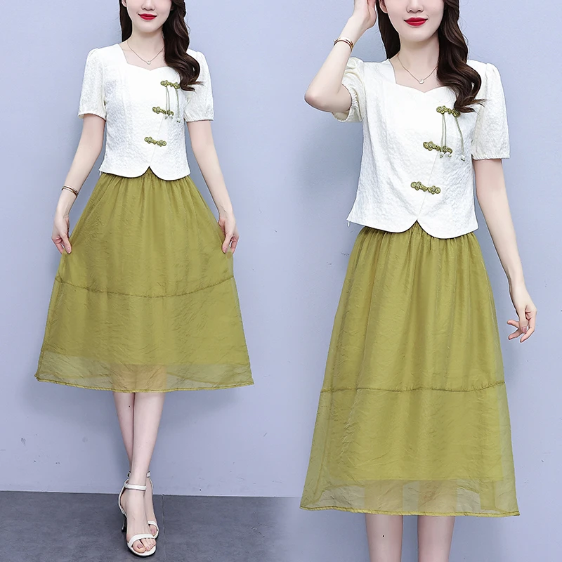 CD#6877 大码女装夏季新中式盘扣上衣气质显瘦半身裙两件套套装