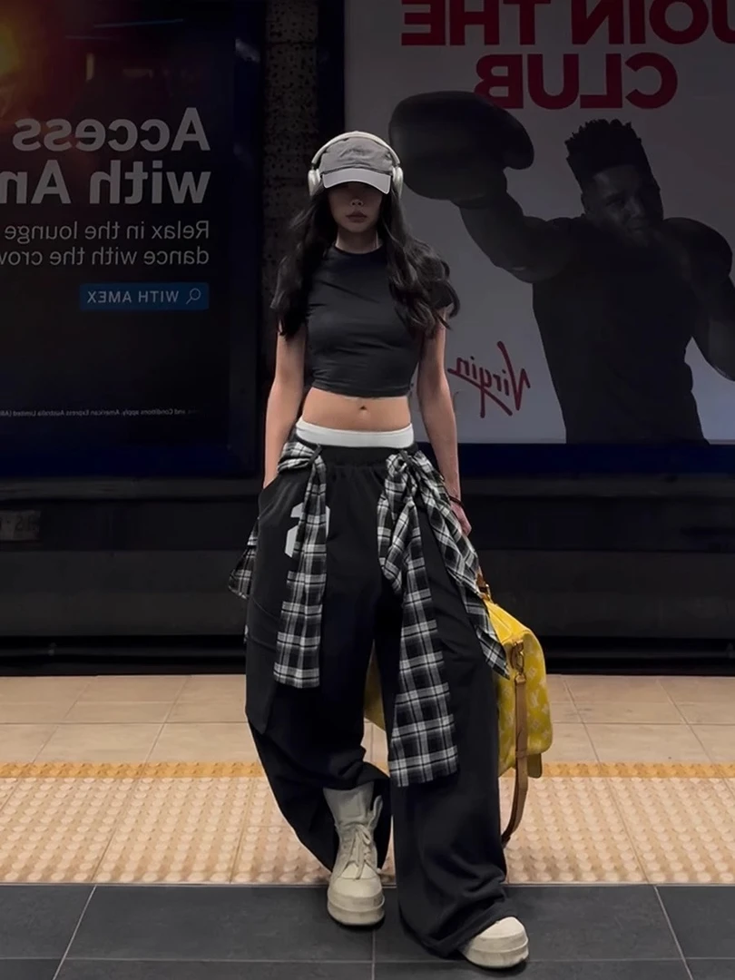 格子屁帘叠穿黑色阔腿裤女夏季高腰垂感弯刀裤嘻哈街舞爵士舞裤子