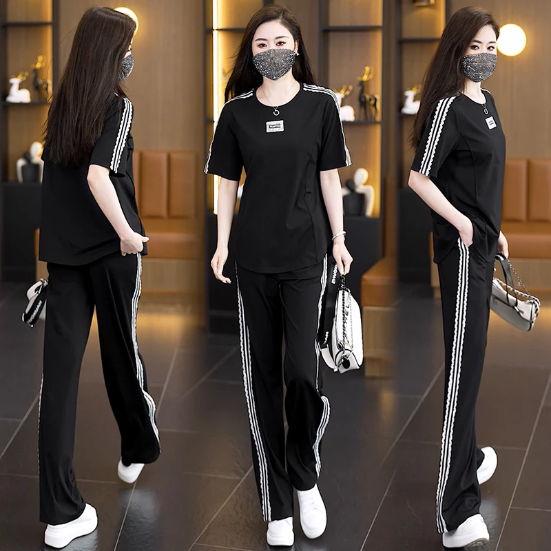 休闲运动套装薄款宽松显瘦韩版夏装洋气大码女装短袖阔腿裤两件套