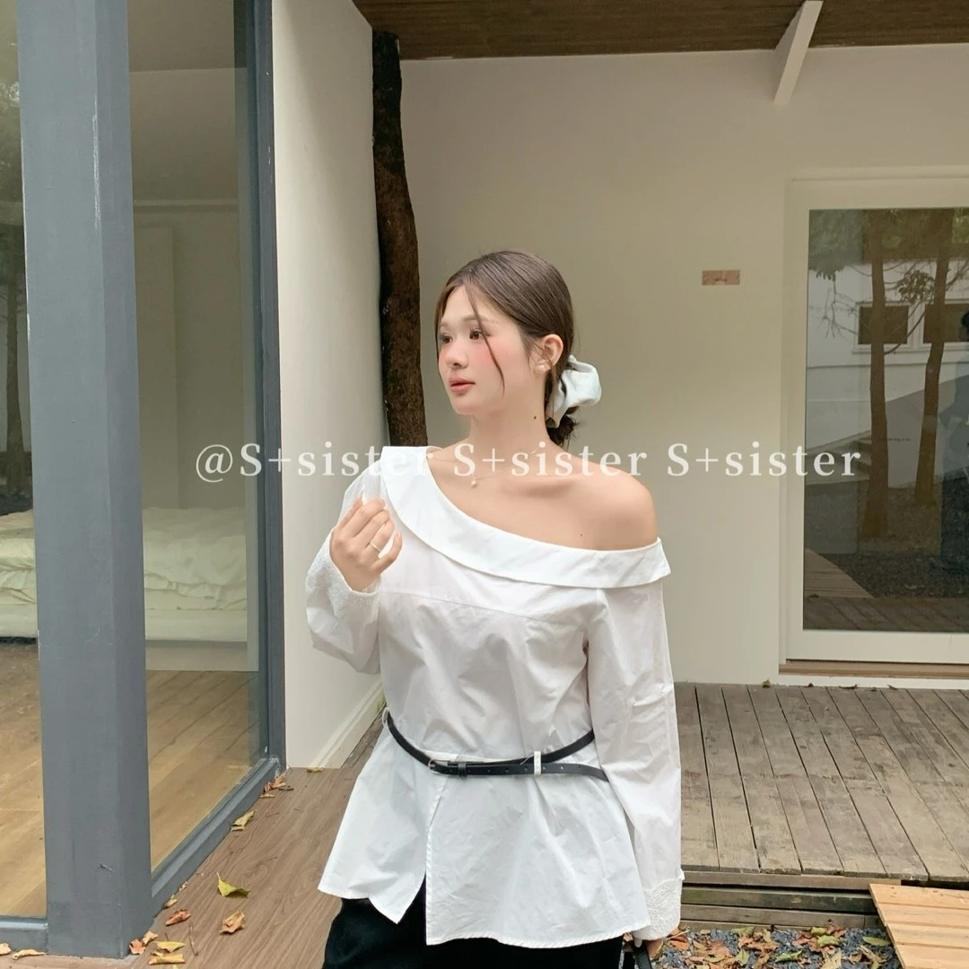 S+早秋新款斜领露肩宽松百搭开叉长袖女士衬衫配腰带