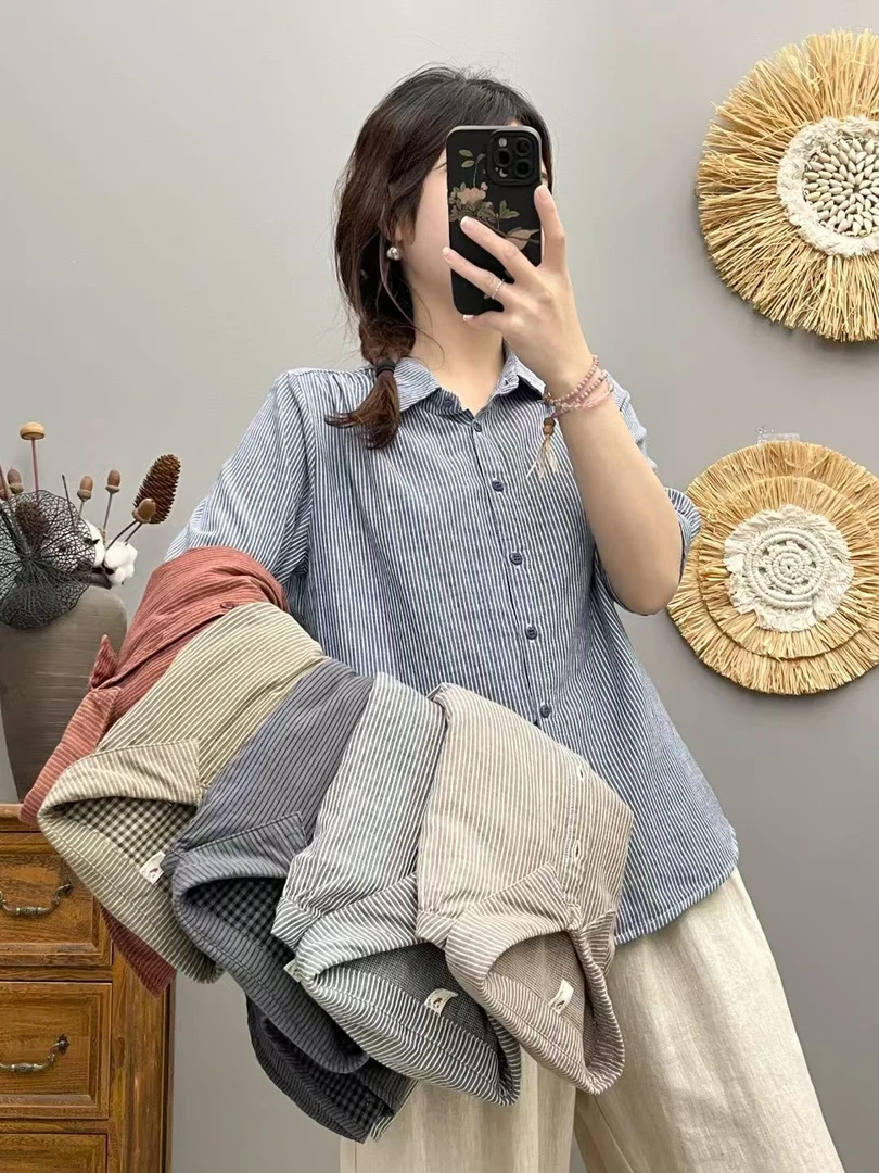 全棉双层棉纱中袖衬衫女2025春夏新款文艺条纹复古气质打底衫上衣