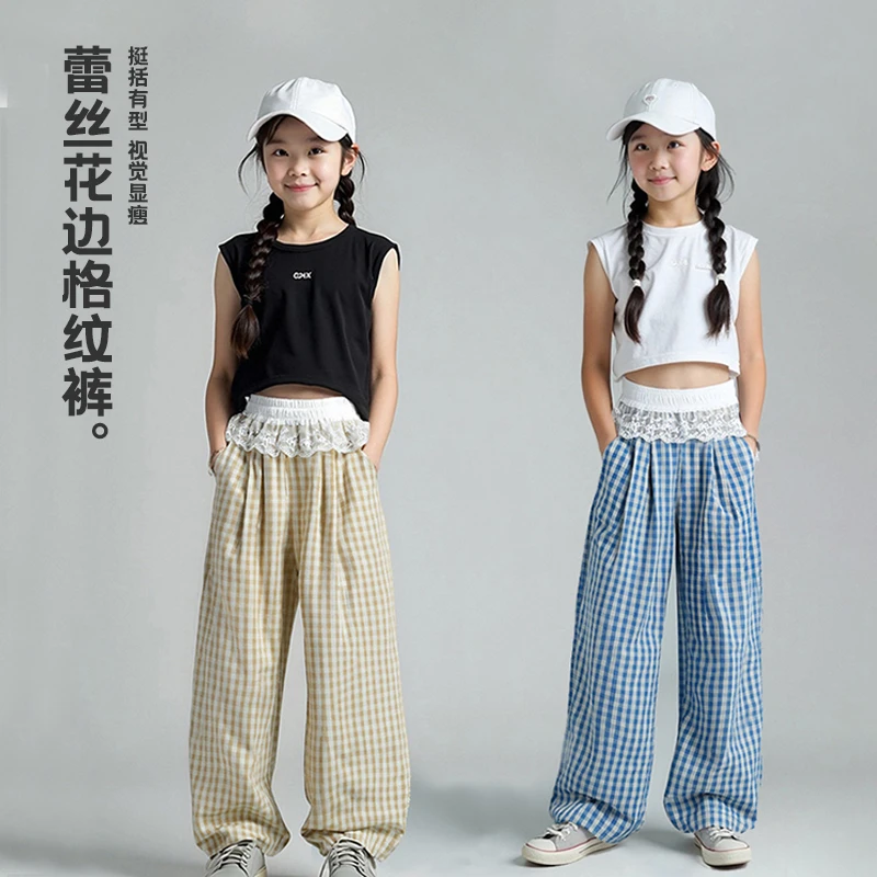 女童夏季裤子洋气儿童宽松休闲裤蕾丝直筒格子裤中大童薄款防蚊裤