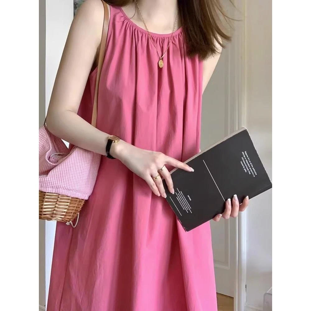 2025年新款树莓粉显白减龄褶皱削肩无袖连衣裙女装52