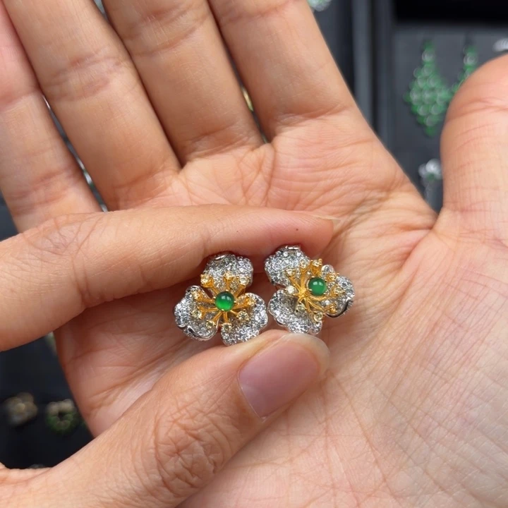 暗***翡翠银S925镶嵌耳饰