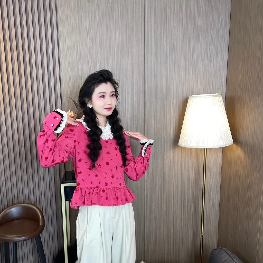 MUMU家【玫瑰的故事】设计款圆领甜美木耳边早春年款衬衣