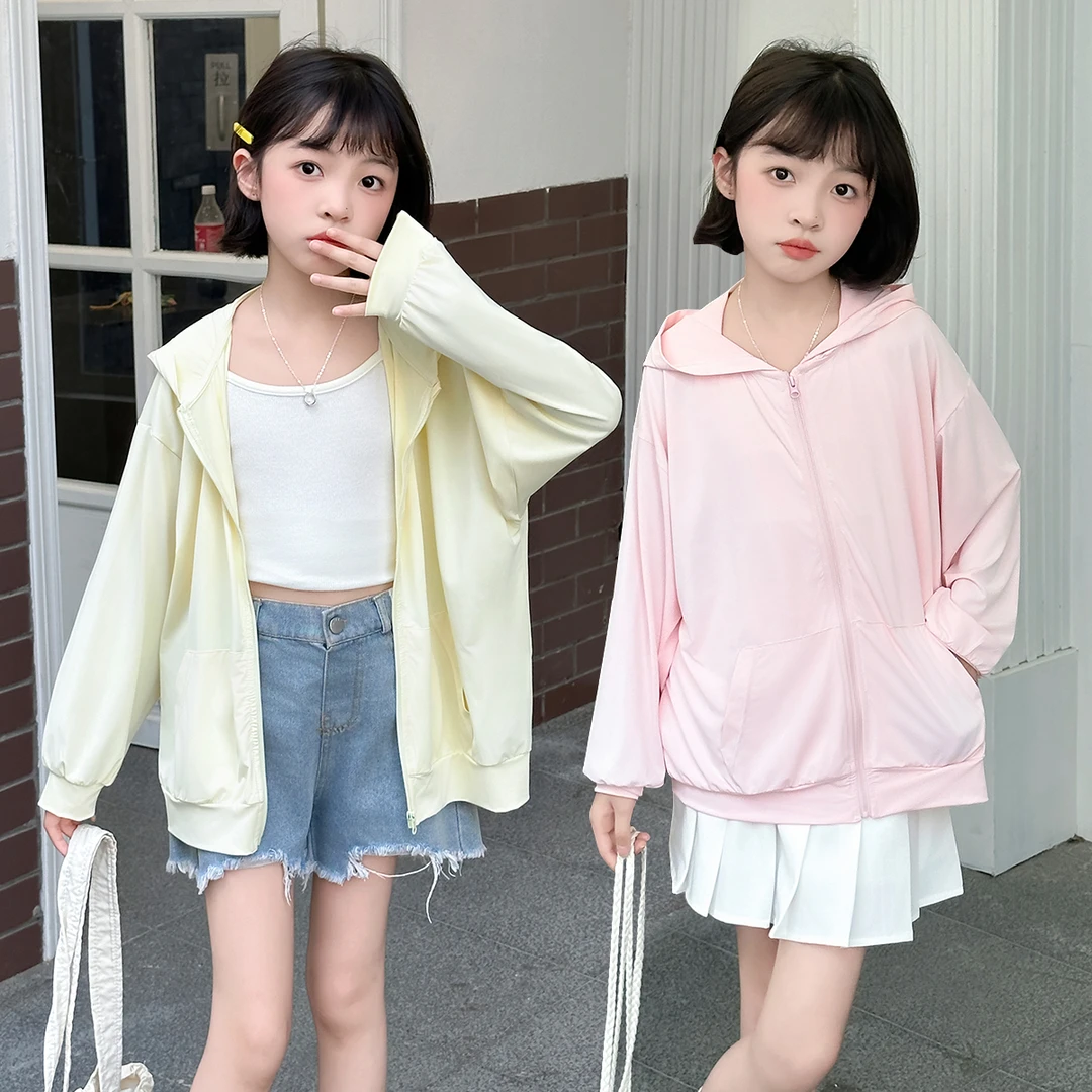 2025女童新款百搭马卡龙防晒衣中大童夏季透气连帽轻薄薄款休闲