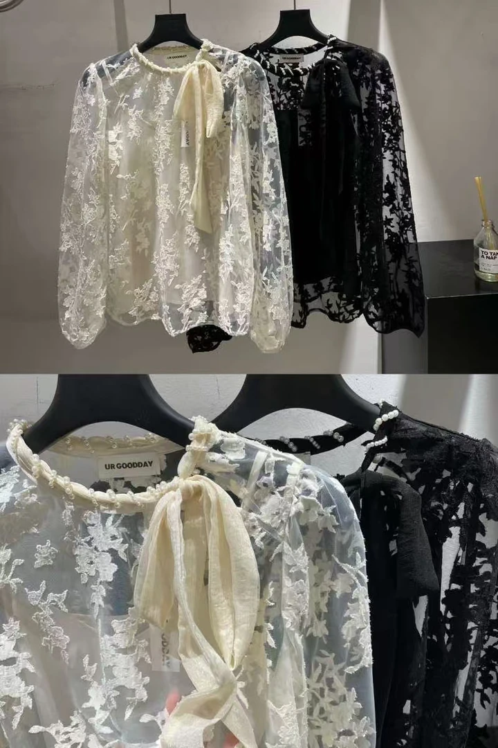新款设计感蕾丝拼接重工立体蝴蝶灯笼袖衬衫