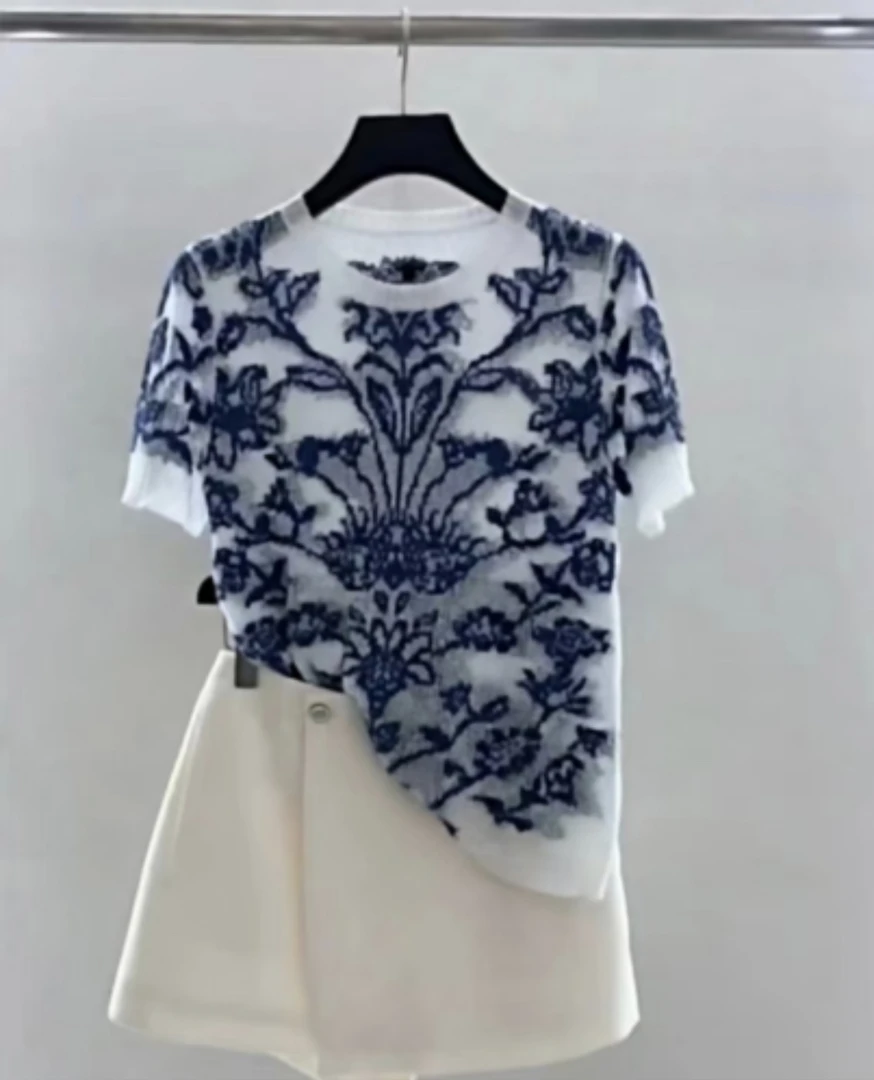 2025年新款高级青花瓷修身网纱短袖T恤A2091