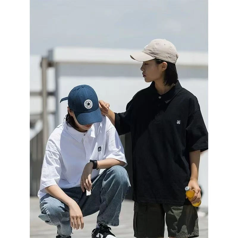 夏季新款日系刺绣polo衫男女宽松潮牌翻领t恤-333