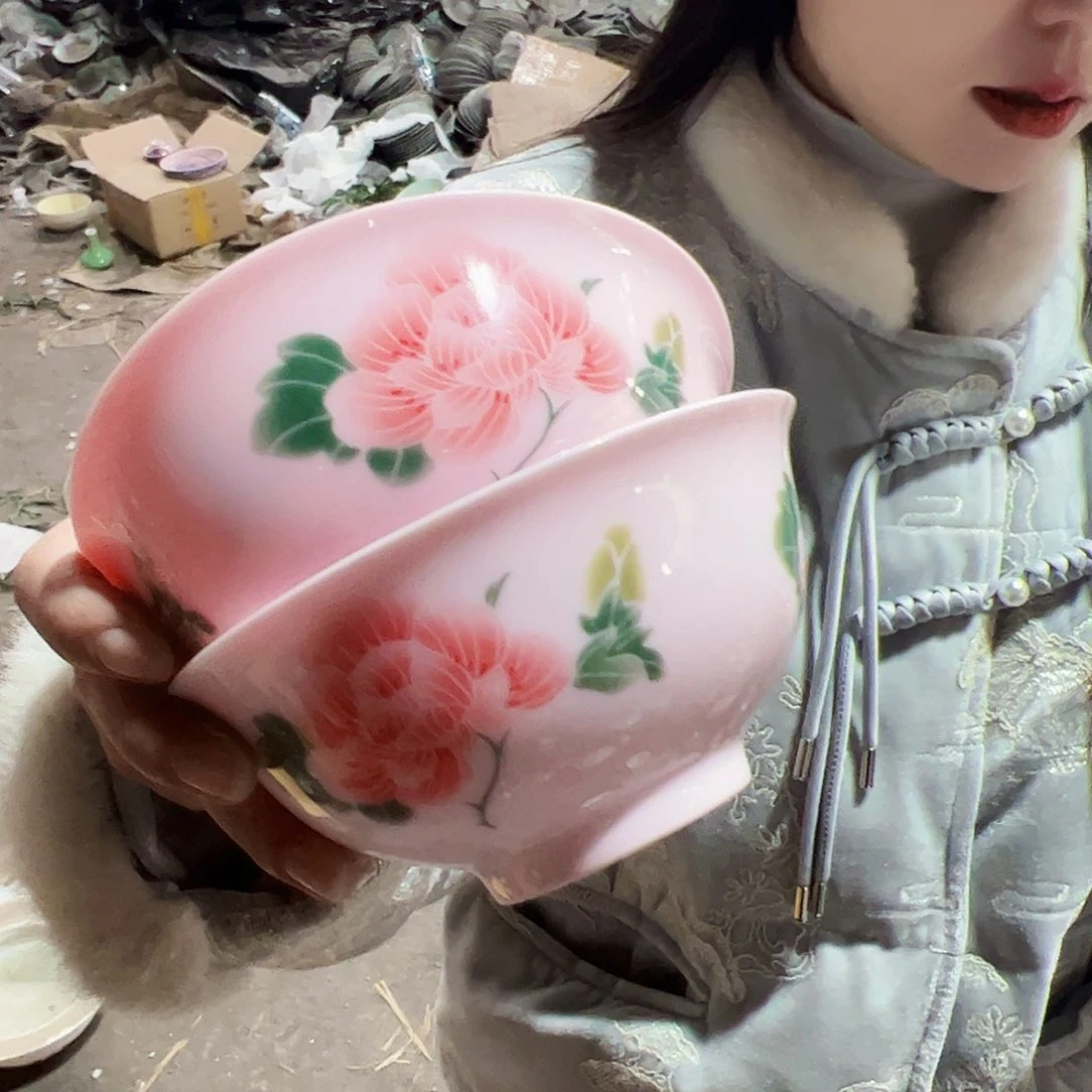 摆件陶红*?景德镇红xixi芙蓉对花碗2个