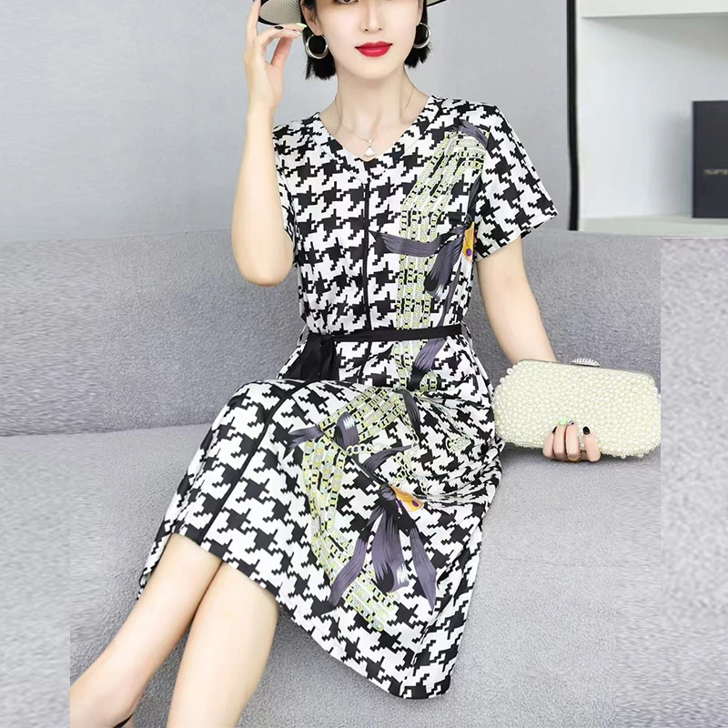 【玲玲专属】夏季新款女装宽松气质千鸟格收腰连衣裙时尚妈妈装6095