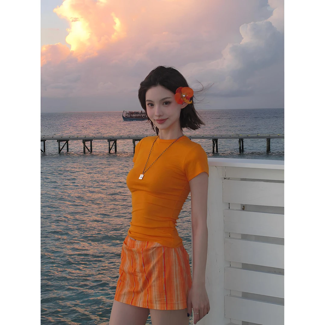 橘色正肩显白小飞袖T恤女2025夏季内搭基础修身显瘦打底小款上衣
