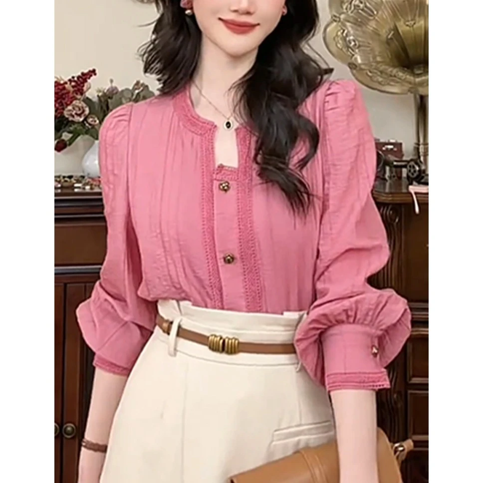 法式气质减龄粉丝衬衫女春秋新款高级感时尚气质独特百搭上衣8672