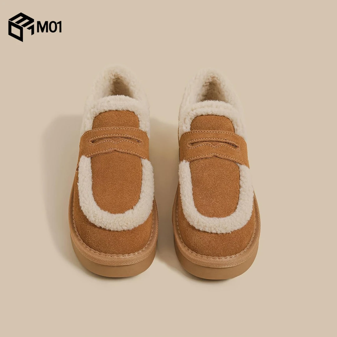 M01秋冬季新款厚底时尚乐福鞋女棕色加绒勃肯鞋英伦防滑小皮鞋