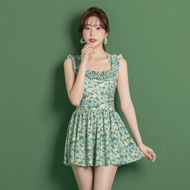 2025夏季纯色长袖连体吊带泳衣女保守显瘦遮肚温泉女式游泳衣泳装