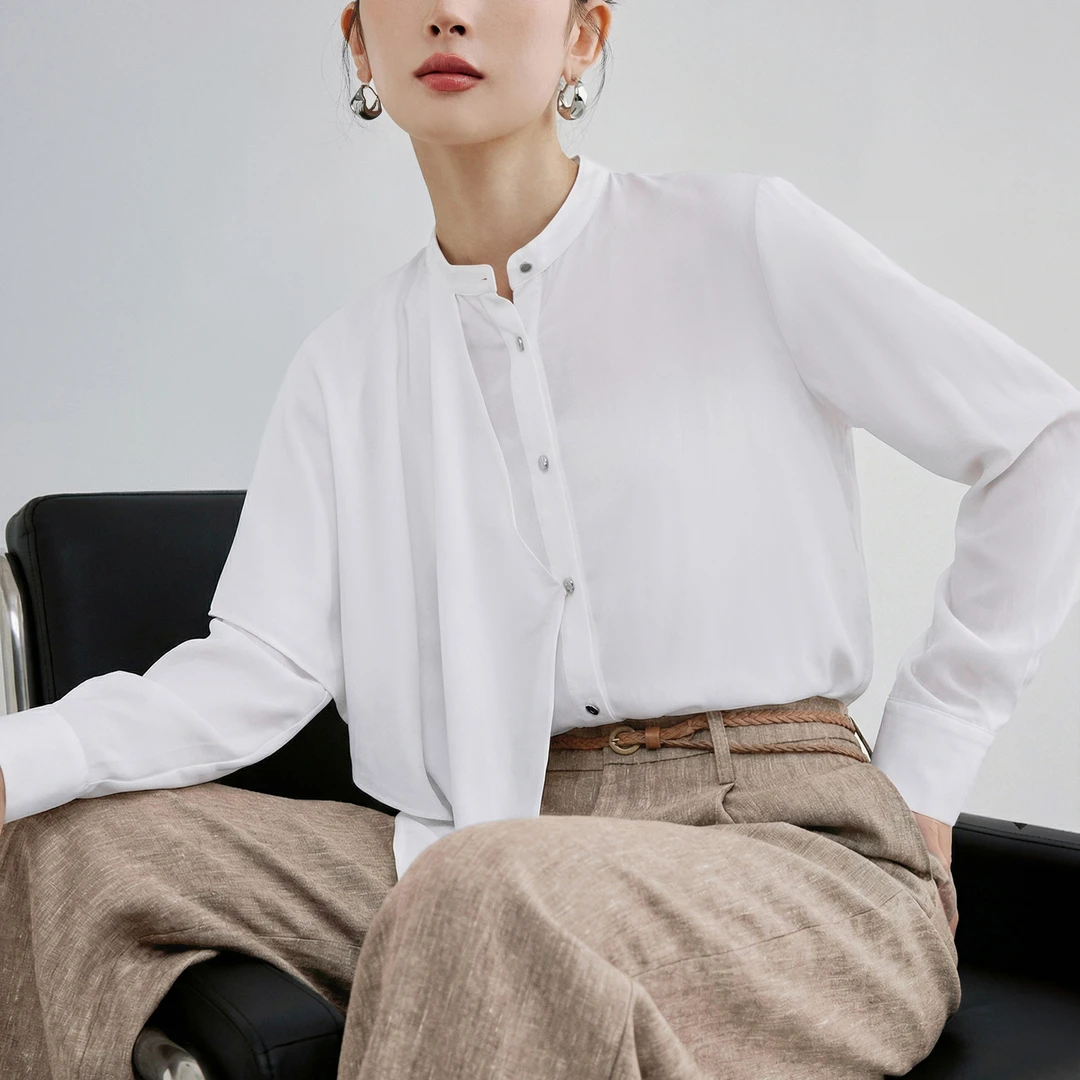 束皙SUSHE【熙语】解构主义 不对称披肩式轻薄垂坠哑光雪纺衬衫女